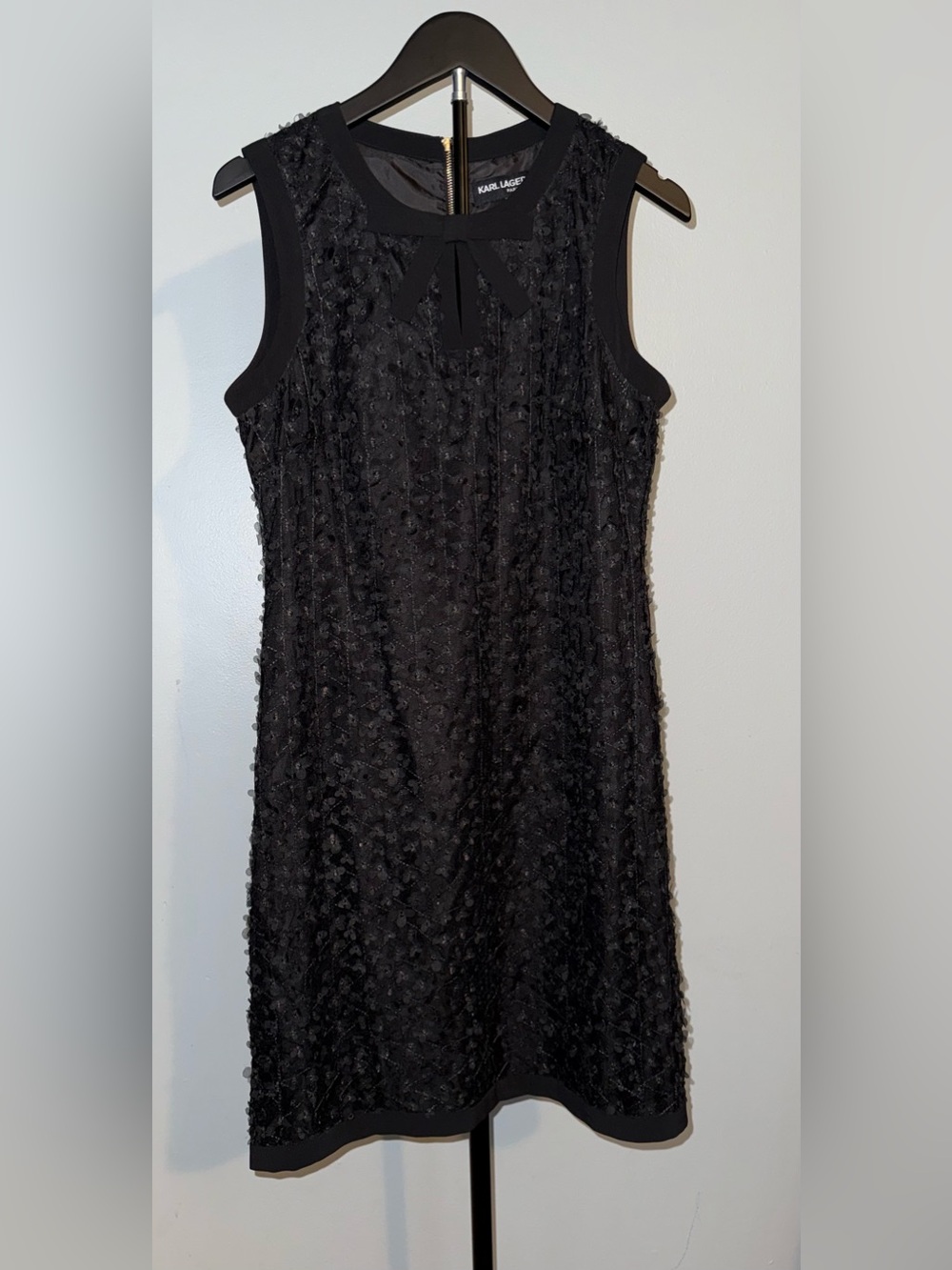 Karl Lagerfeld Black Sleeveless Textured Bow-Accent Mini Dress